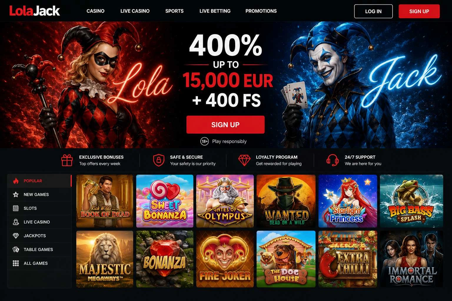 Non GamStop UK — LolaJack 400% welcome bonus lobby